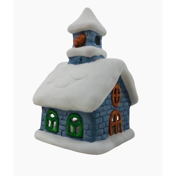 Colonial Candle Holder Winter Blue Ceramic Building Snow Tea Light Votive Holder - Picture 4 of 10